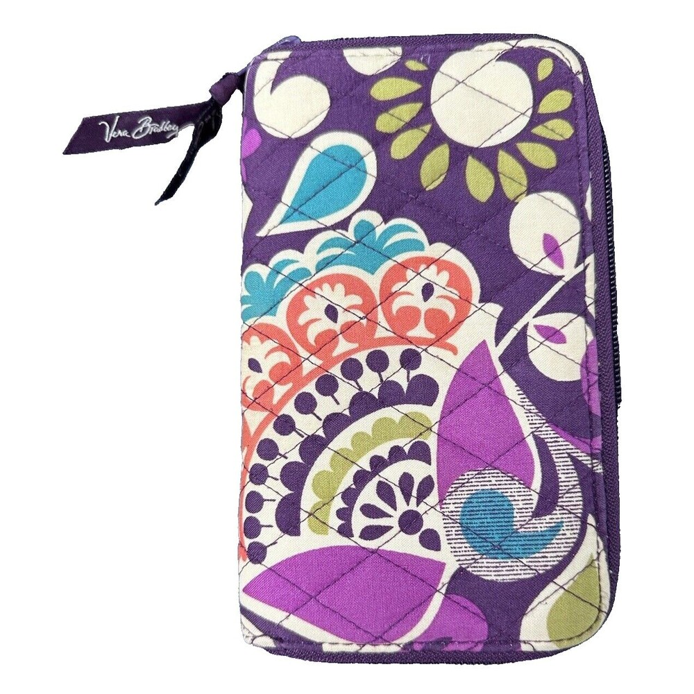Vera Bradley Quilted Purple Green Floral Accordion Zippered Wallet 16 Slots - Picture 2 of 12